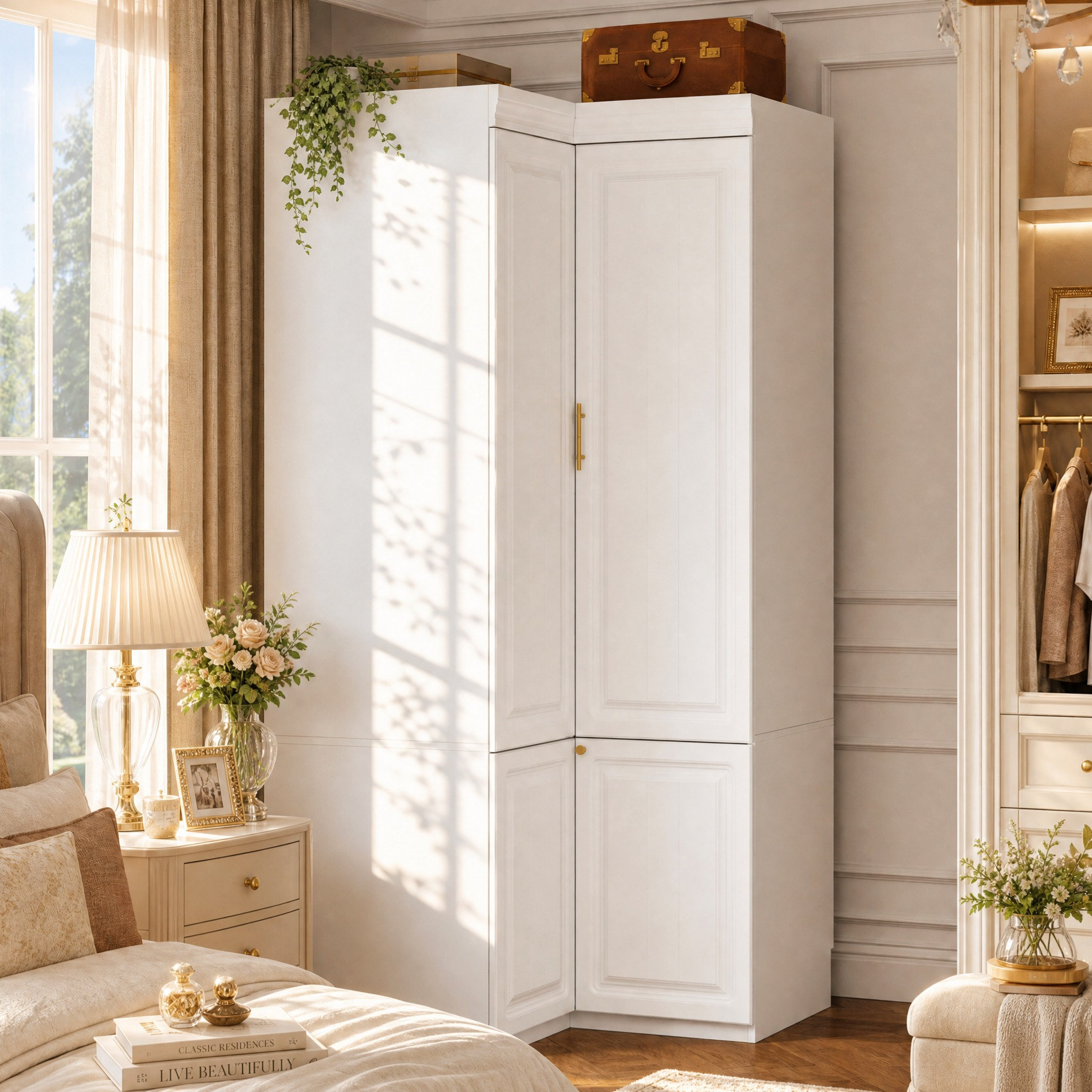 Latitude Run® Bettis L-Shaped 4-Door Corner Wardrobe with Shelves